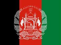 [ai] The flag of Afghanistan featuring three vertical stripes in black, red, and green. The central red stripe includes the national emblem with a mosque and a banner displaying the country's name in Arabic.