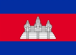 [ai] The flag of Cambodia, featuring a red field with a blue top and bottom stripe. In the center, a white depiction of the Angkor Wat temple and two towers.