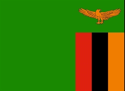 [ai] The flag of Zambia, featuring a green field with an orange eagle above a vertical red, black, and orange striped section on the right.