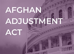 [ai] The U.S. Capitol building with an American flag waving, overlaid with the text 'AFGHAN ADJUSTMENT ACT' in bold white lettering on a purple background.