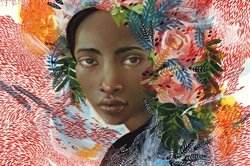 [ai] A close-up portrait of a woman with a serene expression, surrounded by vibrant floral patterns and abstract elements in shades of red, green, and blue, blending with her features.