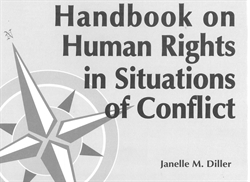 [ai] Cover of a handbook titled 'Handbook on Human Rights in Situations of Conflict' by Janelle M. Diller. The background features a compass design, emphasizing guidance and direction.