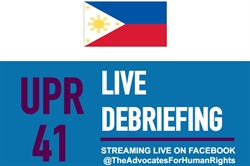 [ai] An image featuring the Philippine flag at the top, with bold text that reads "UPR 41 LIVE DEBRIEFING" on a blue background, and a note stating "STREAMING LIVE ON FACEBOOK @TheAdvocatesForHumanRights".