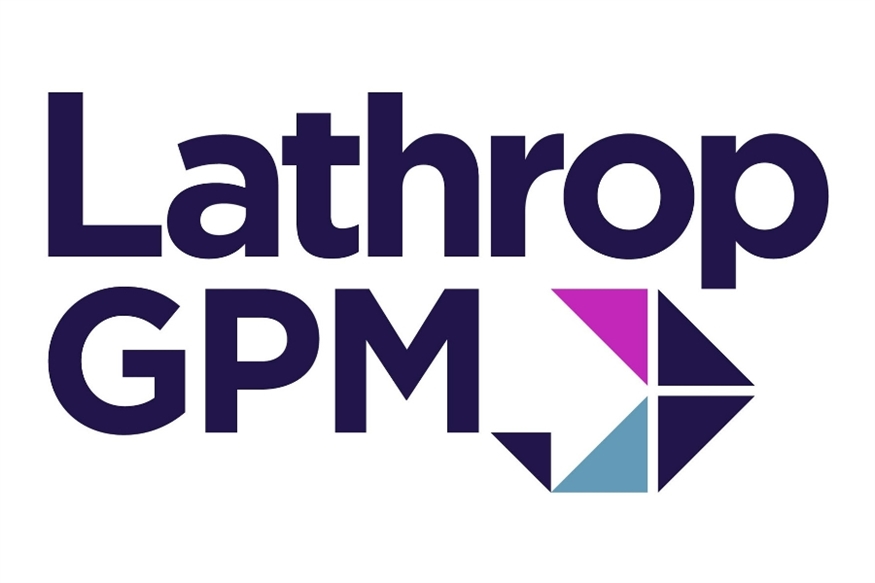 [ai] Logo of Lathrop GPM, featuring the name in bold purple font with a geometric design including shades of blue and pink. The design includes an arrow pointing to the right.