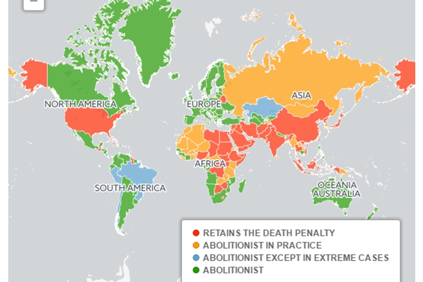 [ai] A world map showing countries colored according to their stance on the death penalty: green for abolitionist, orange for abolitionist in practice, yellow for abolitionist except in extreme cases, and red for retains the death penalty.