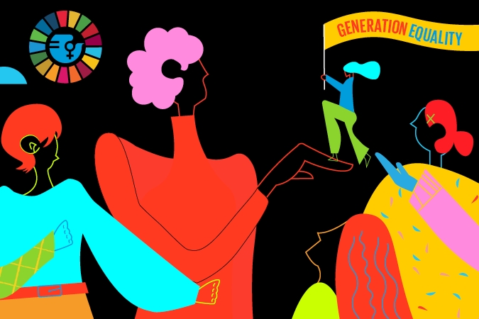 [ai] An abstract illustration featuring diverse individuals with colorful outlines. One figure holds a sign reading "Generation Equality", symbolizing empowerment and equality. The background is black, enhancing the vibrant colors of the characters.